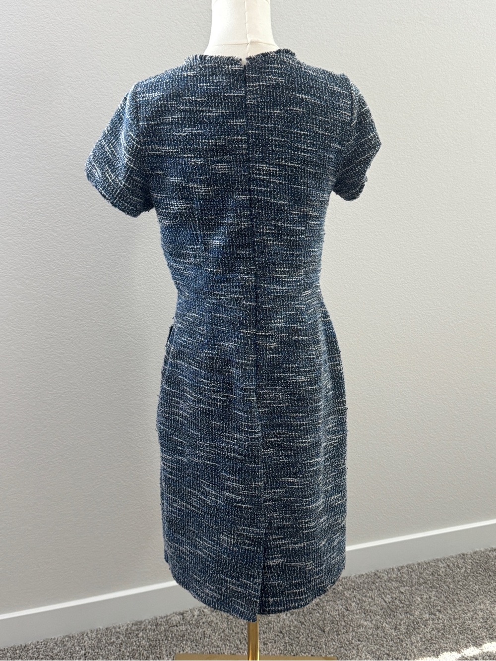 LOFT Blue-White Tweed Short-Sleeve Sheath Dress - Picture 5 of 6